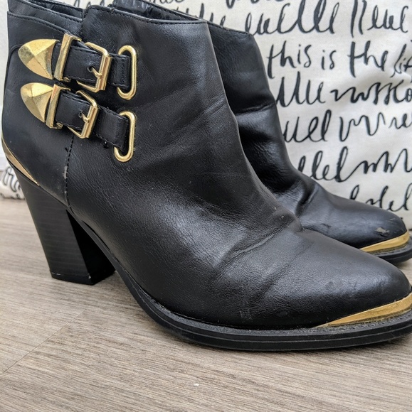 Black Vegan Ankle Boots w/ Gold Accents and Buckle - Picture 2 of 3